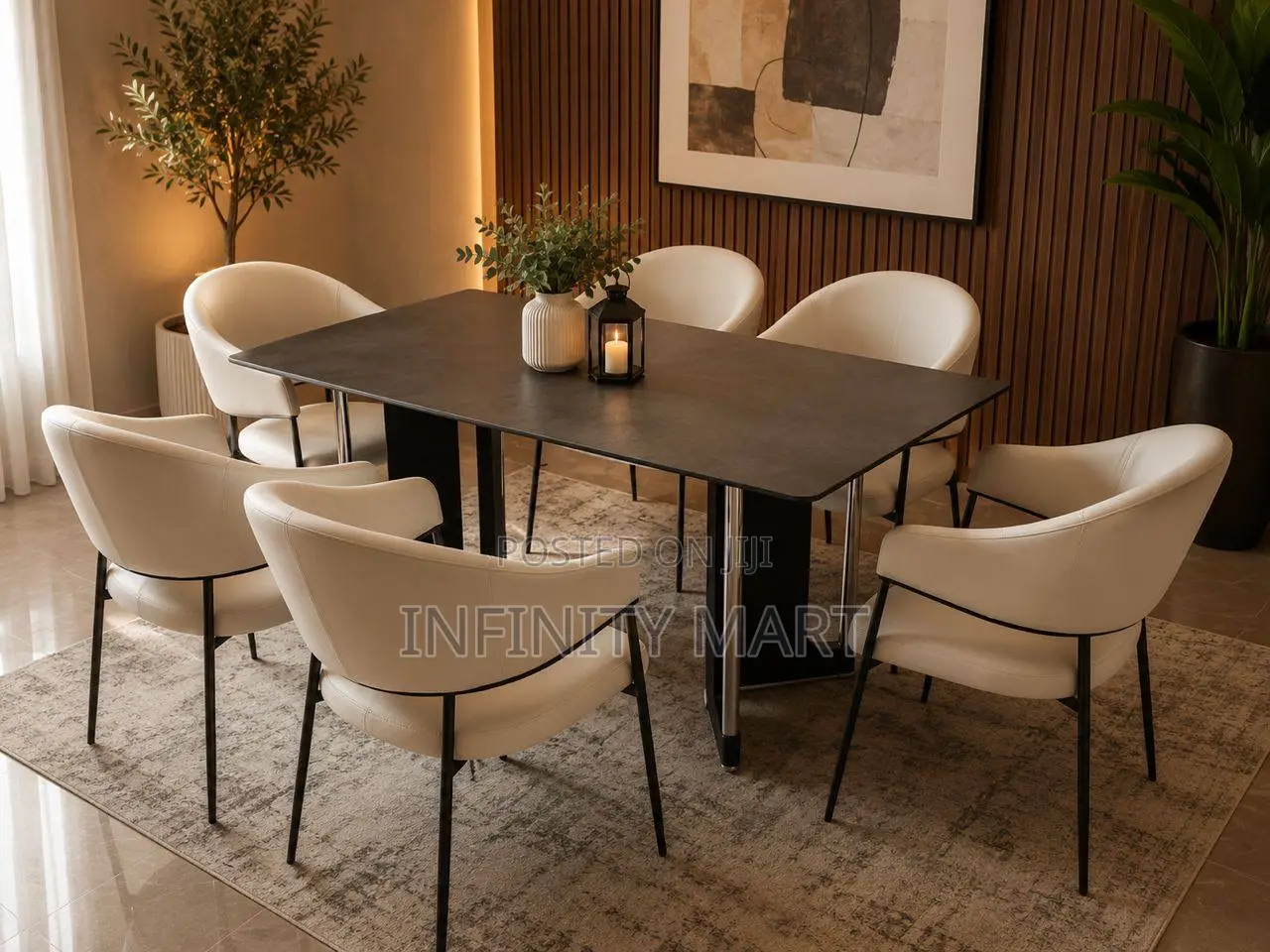 6-Seater Dining Table Set With Cream Leather Chairs.