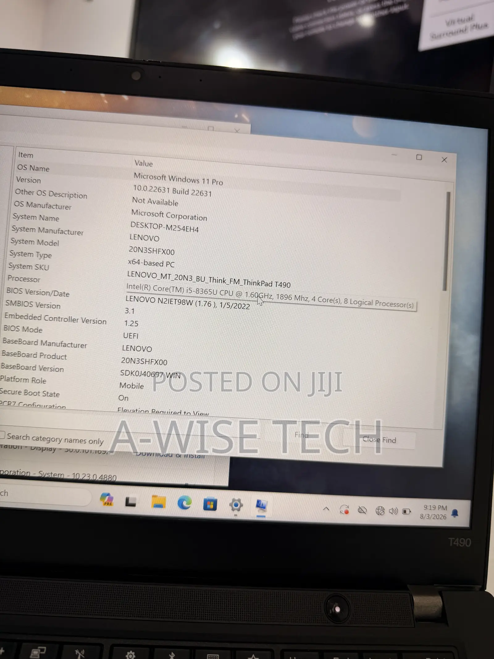 Laptop Lenovo ThinkPad T490s 8GB Intel Core i5 SSD 256GB