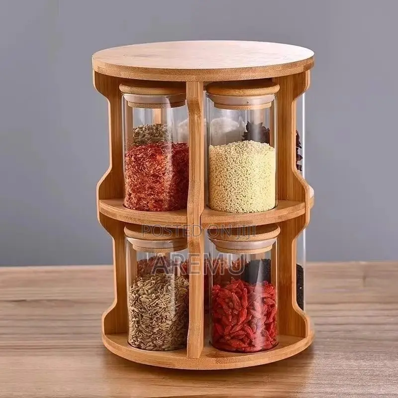 Bamboo Spice Rack With Glass Jar Rotating