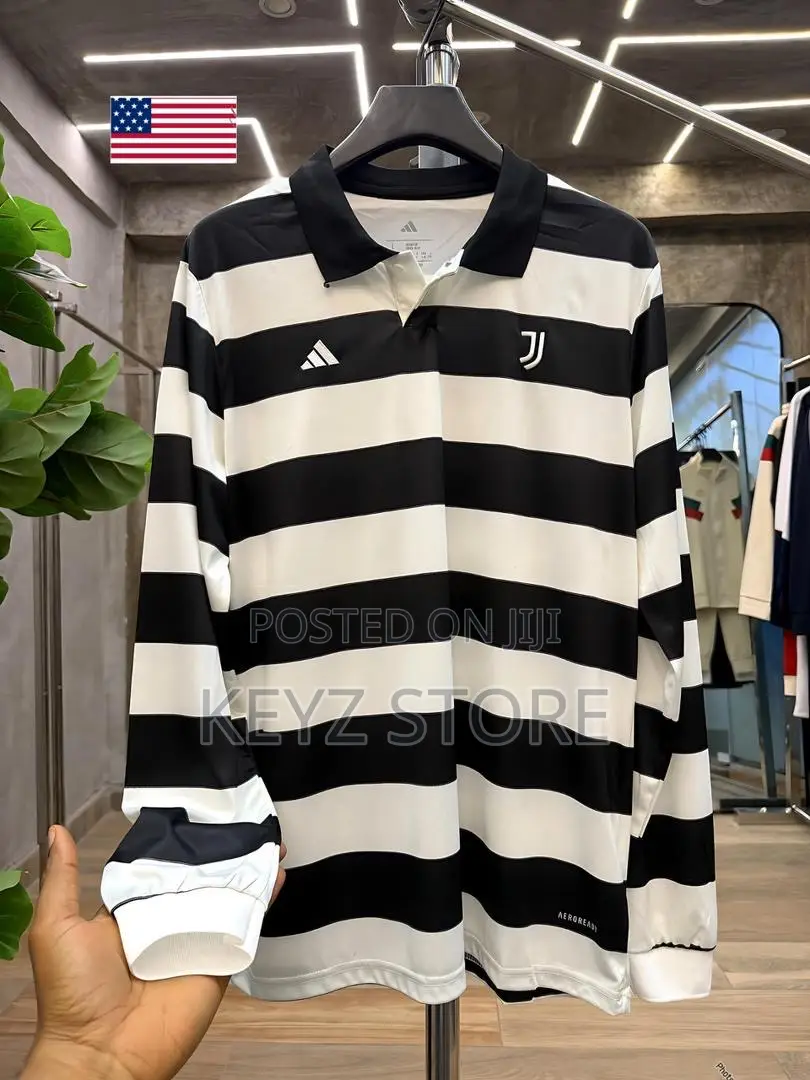 Juventus Black White Striped Long Sleeve Polo | Football Jersey