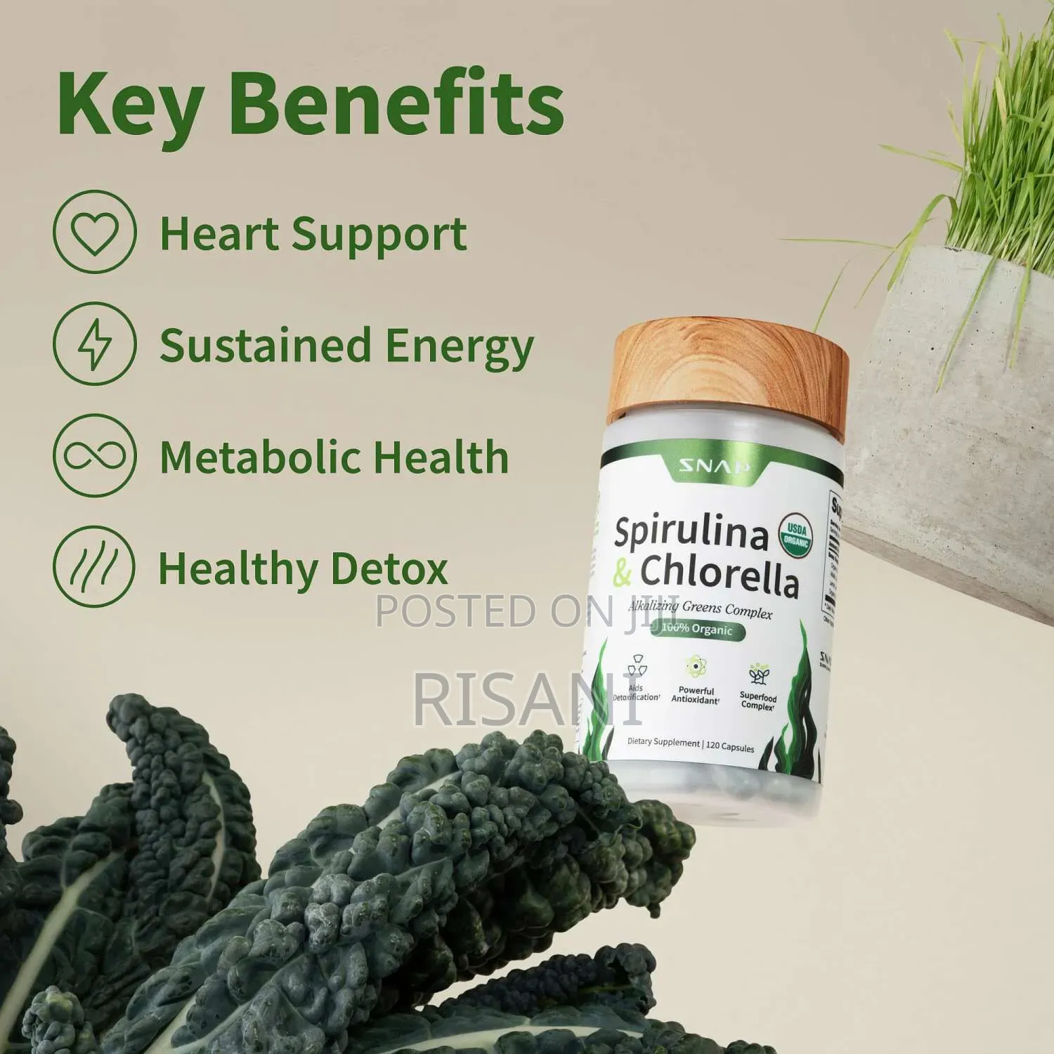 Organic Spirulina and Chlorella Supplement by 120 Capsules