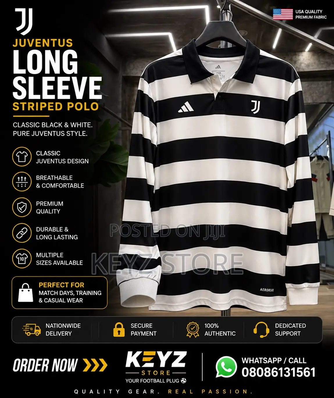 Juventus Black White Striped Long Sleeve Polo | Football Jersey