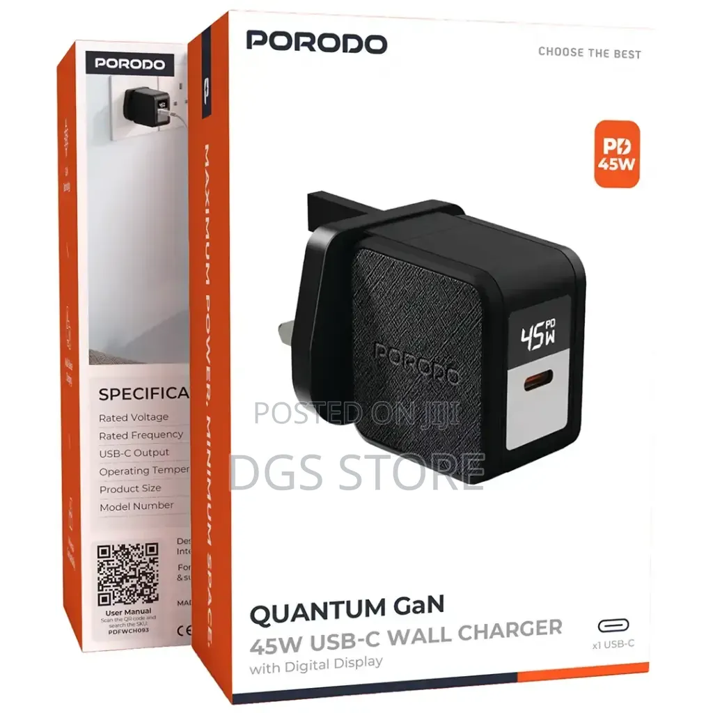 Porodo Quantum Gan 45w USB C Wall Charger With Digital Display