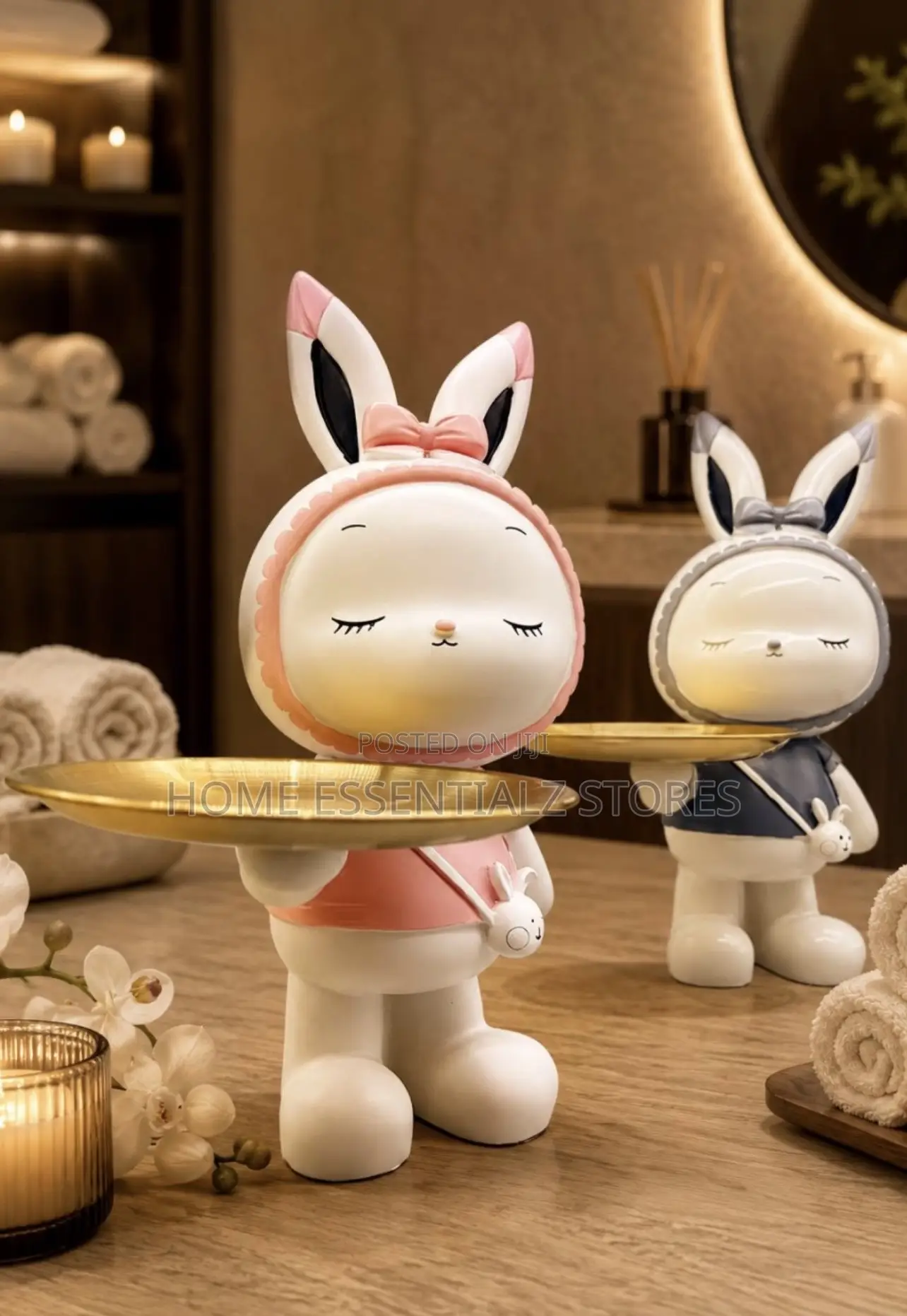 Gift Bunny Butler Tray Holder - Gift Item Cute Figurine With Gold Tray