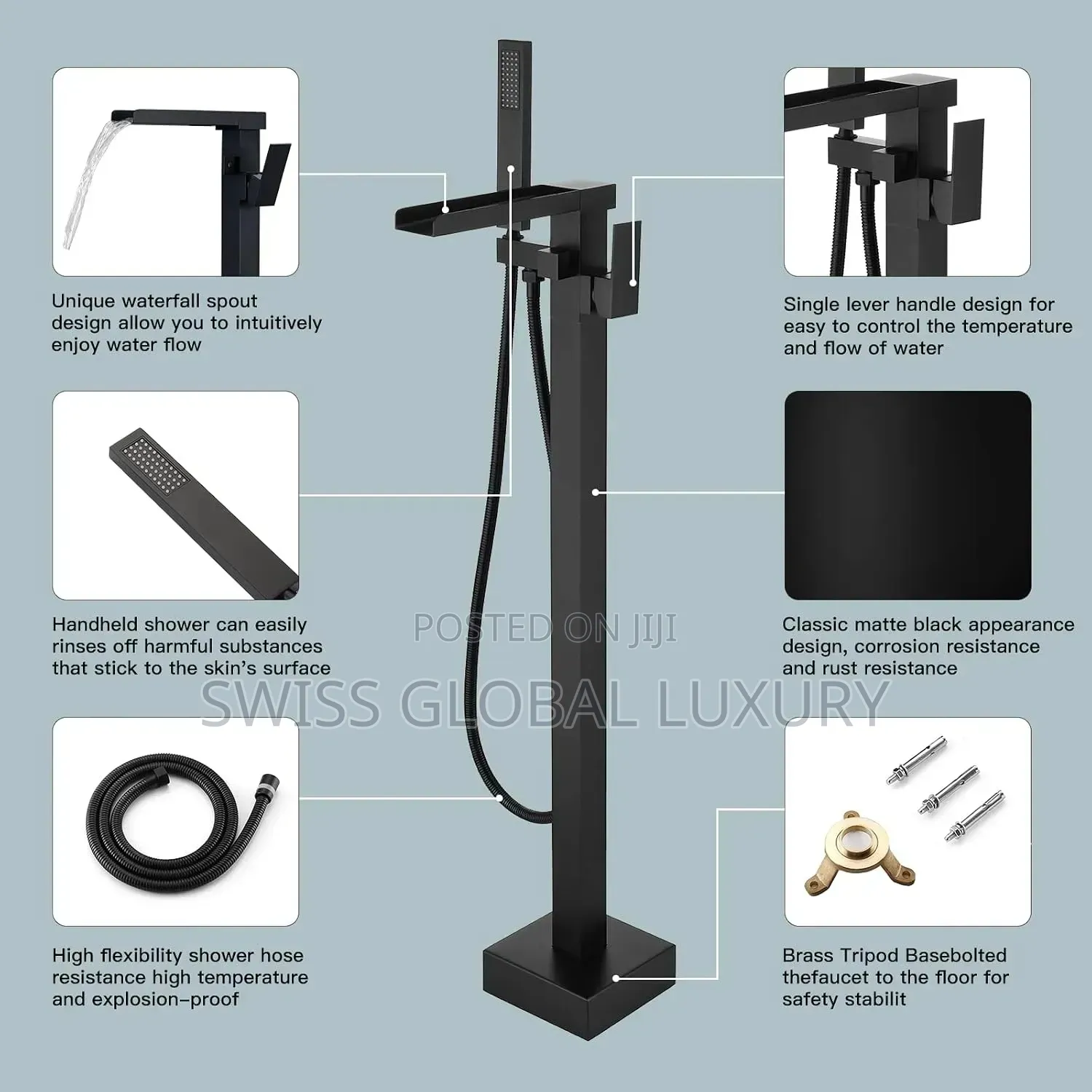 High Quality Black Standing Waterfall Bathtub Mixer Tap.