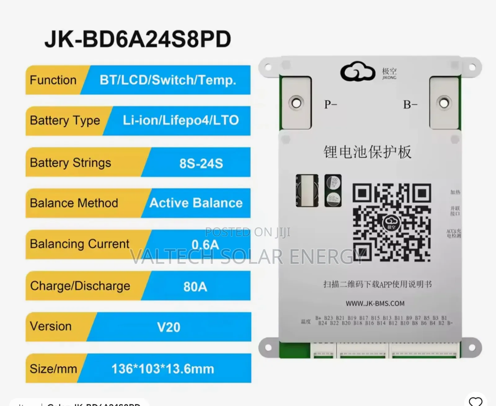 Jk 80a Bd6a20s8pd 8s-20s 0.6a Active Balancer Bluetooth Smart BMS