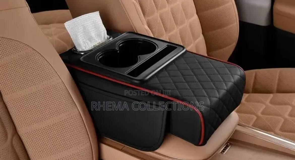 Car Armrest Pad With Built-in Cup Holder, Tissue Box Phone Pocket
