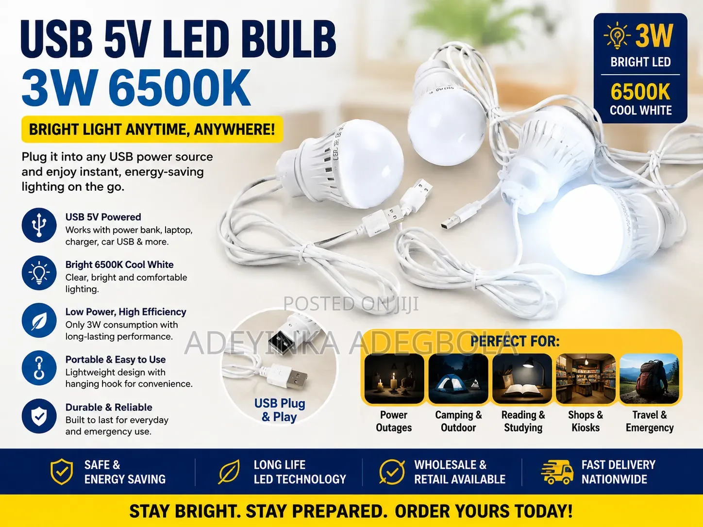 USB 5V LED Bulb 3W – Bright, Portable Energy Saving