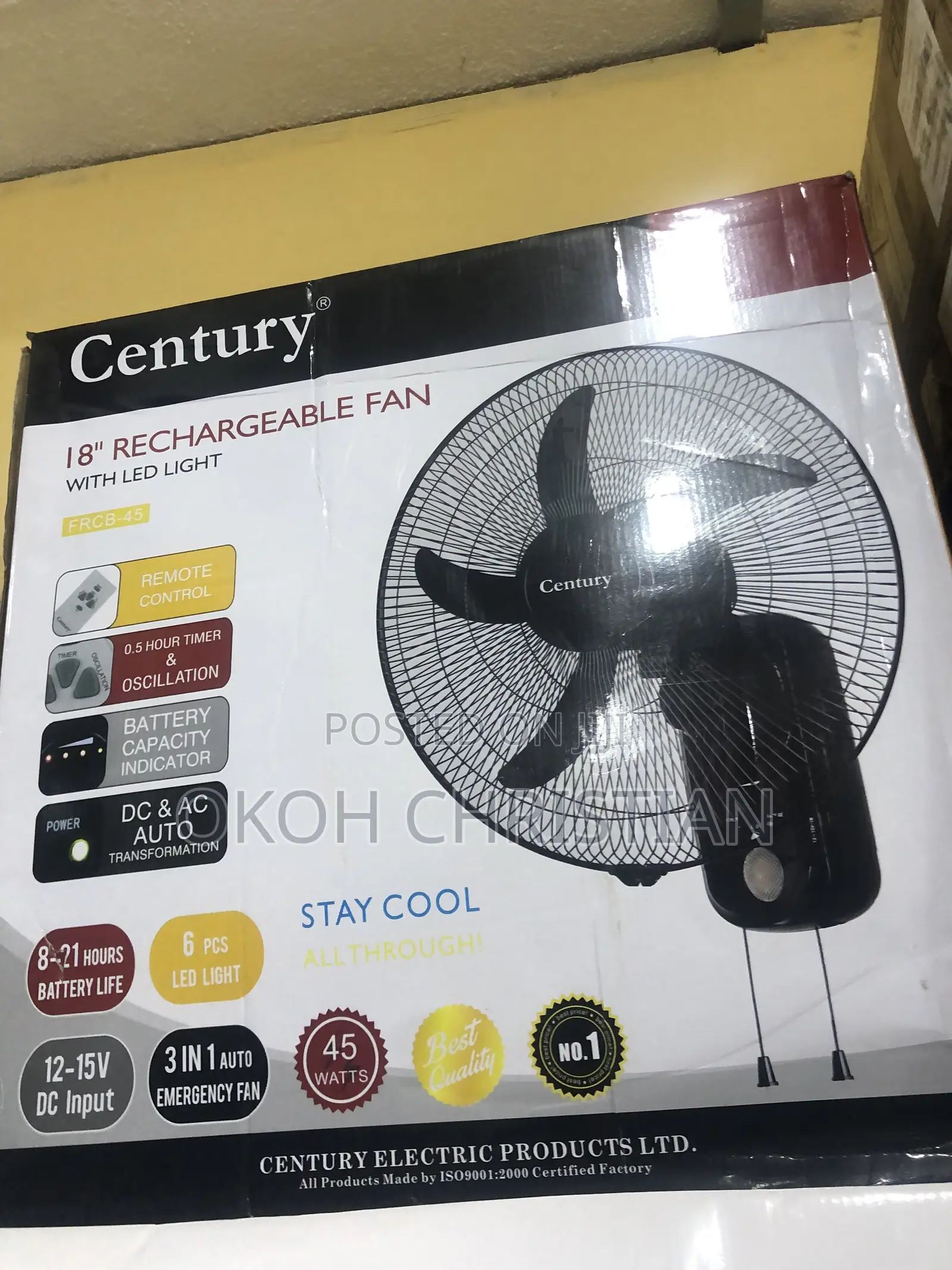Century Rechargeable Wall Fan 18”