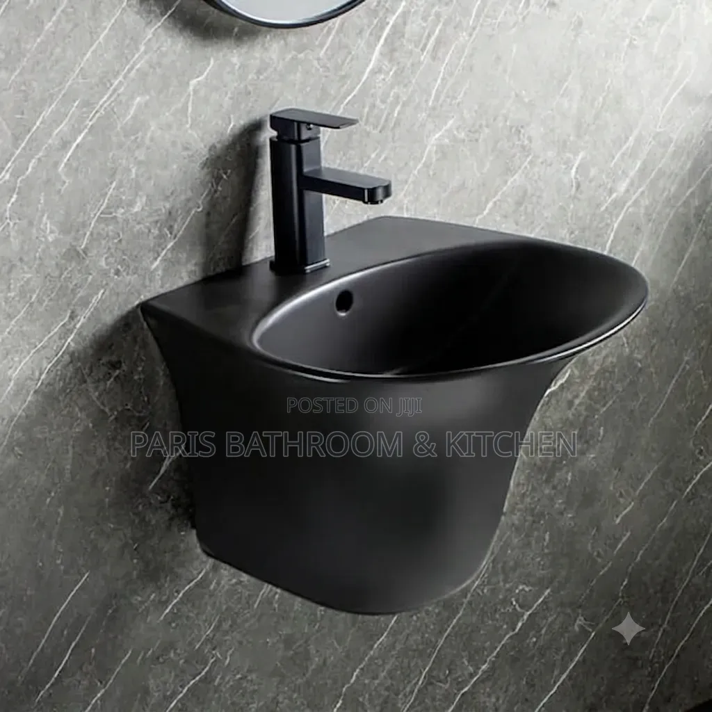 Matte Black Wall-Mounted Ceramic Basin With Faucet
