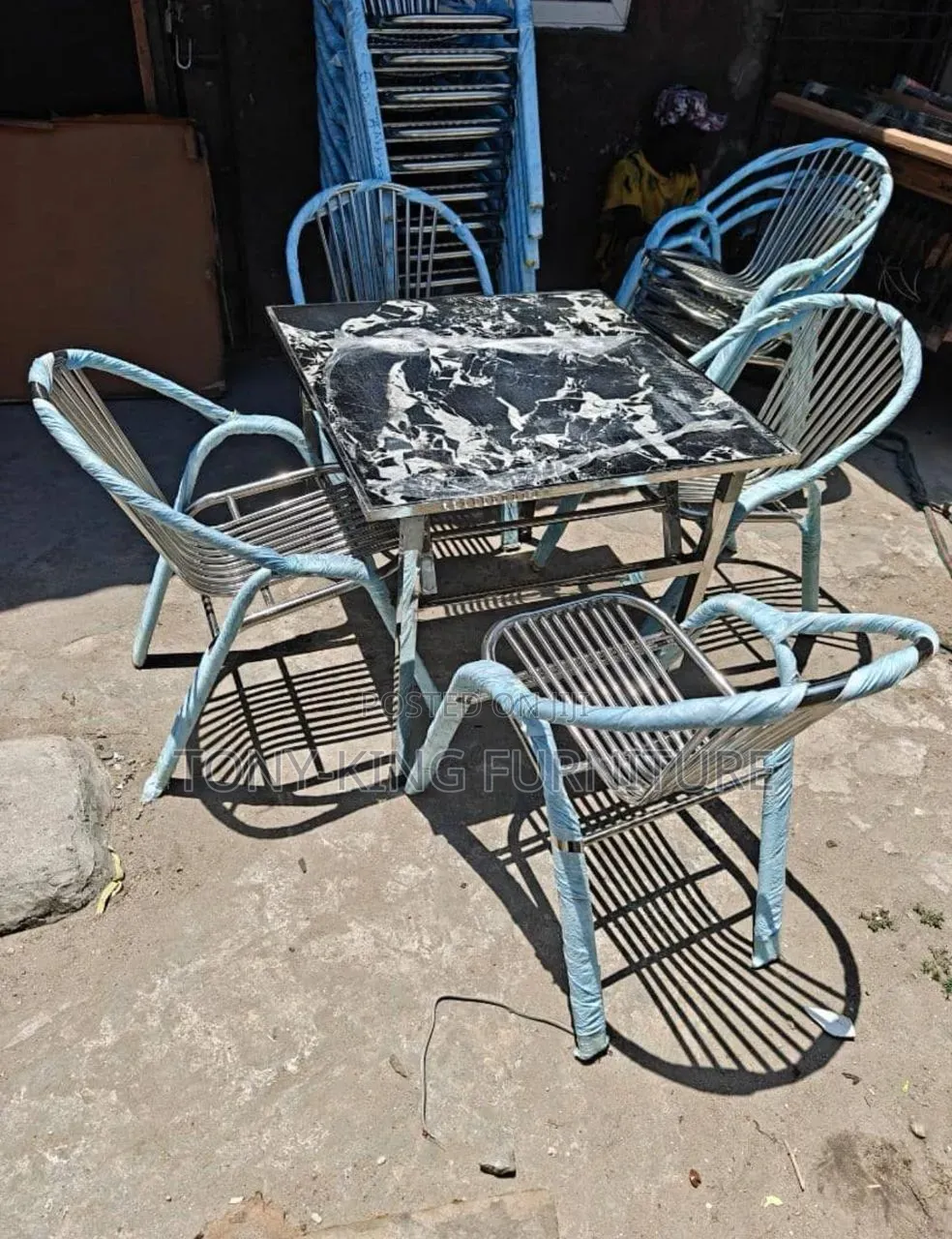 Foldable Outdoor Dining Square Stainless Steel Table With Black Marble