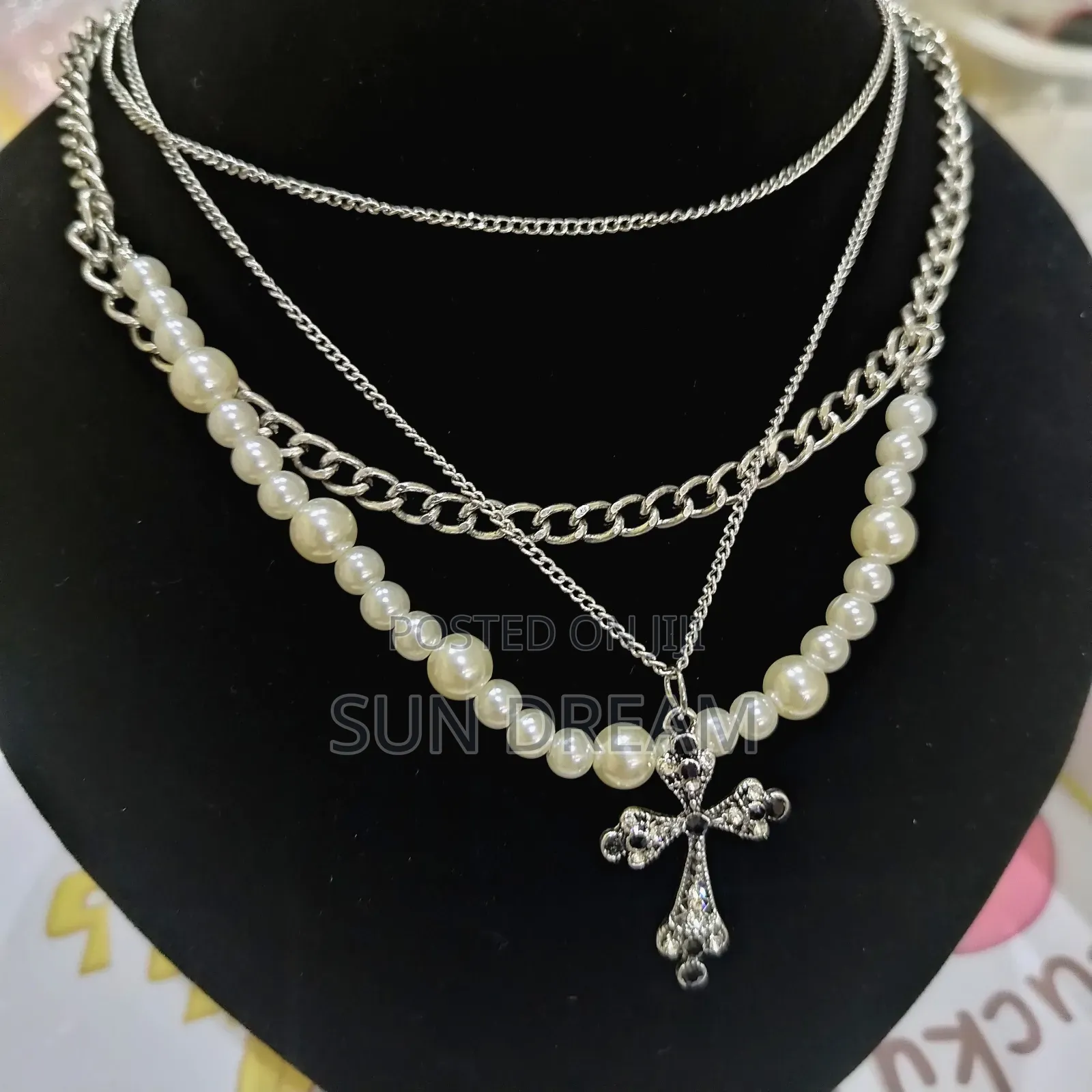 Unisex 4 Layers Necklace Crossed Necklace With Pearl Necklaces Gift