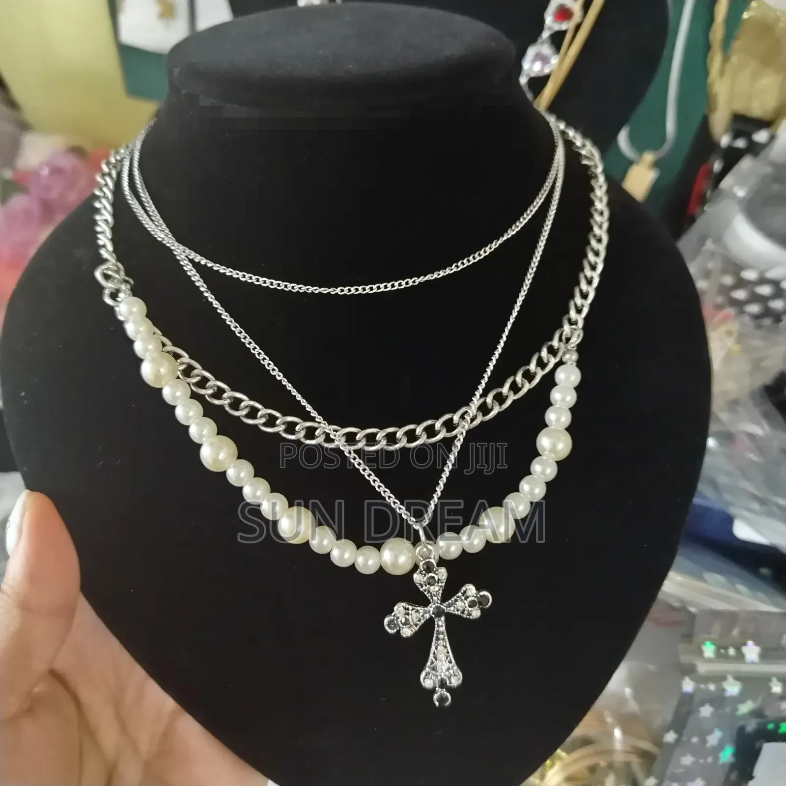 Unisex 4 Layers Necklace Crossed Necklace With Pearl Necklaces Gift