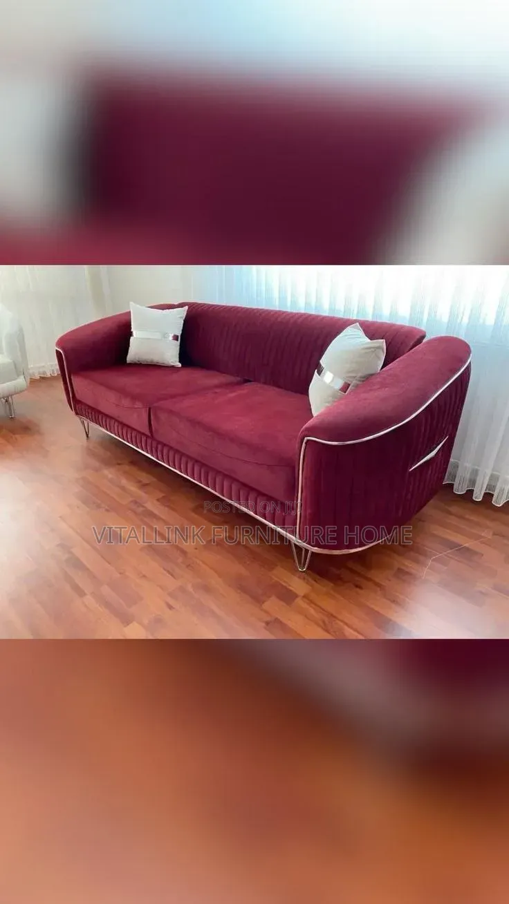 Luxury Burgundy Velvet Sofa Set With Silver Trim Hairpin Legs
