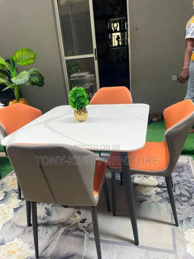 Marble Dining Table Set And4-Padded Dining Chair With Black Metal Leg