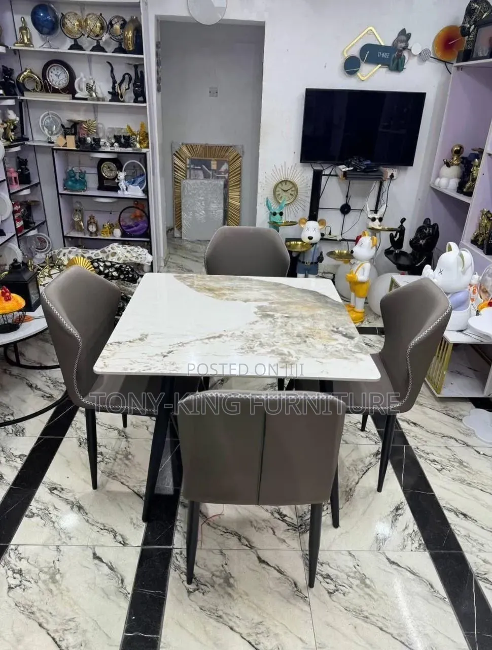 Marble Dining Table Set And4-Padded Dining Chair With Black Metal Leg