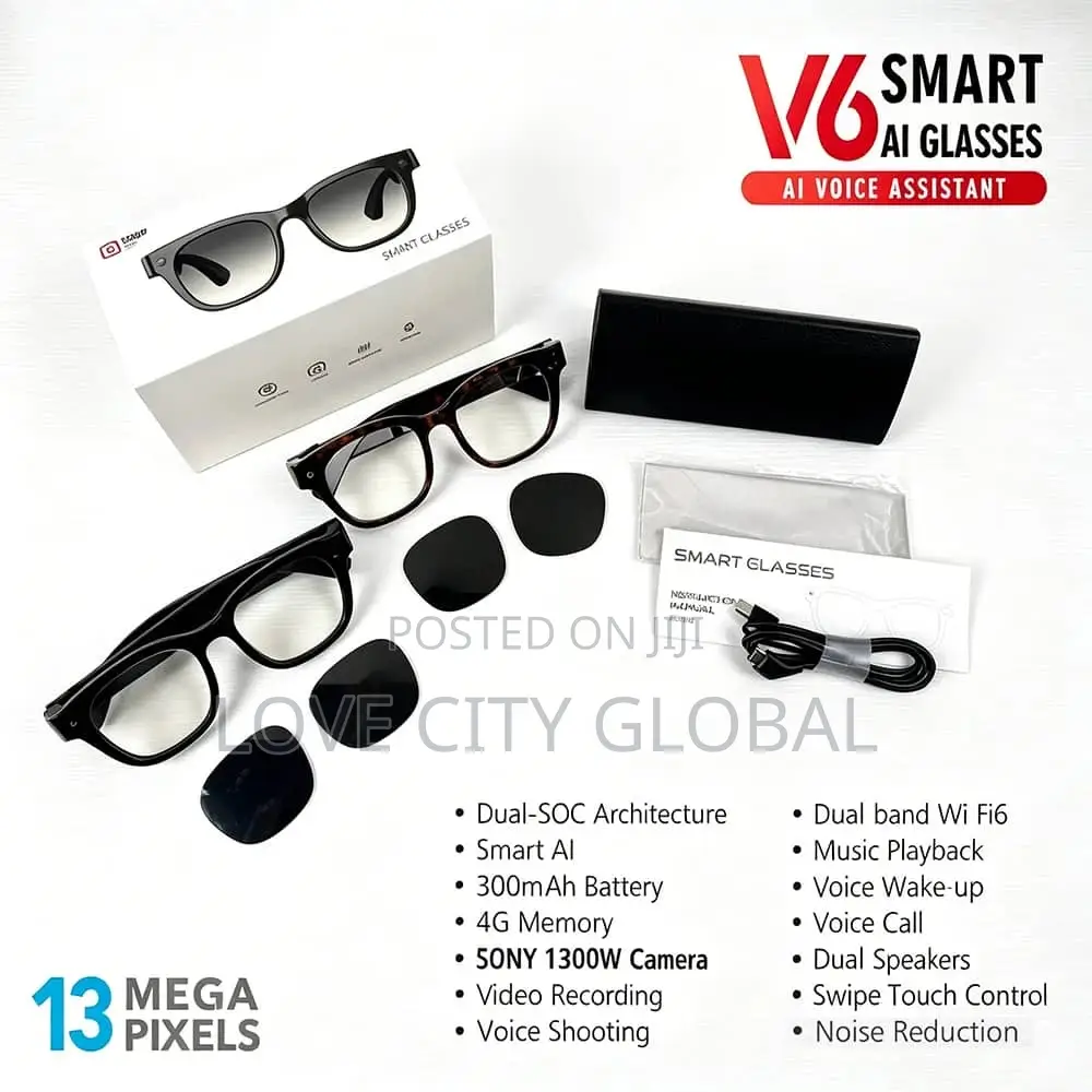 V6 Smart Glass 13MP Camera Calls Music Record Photo With Case 2 Lens