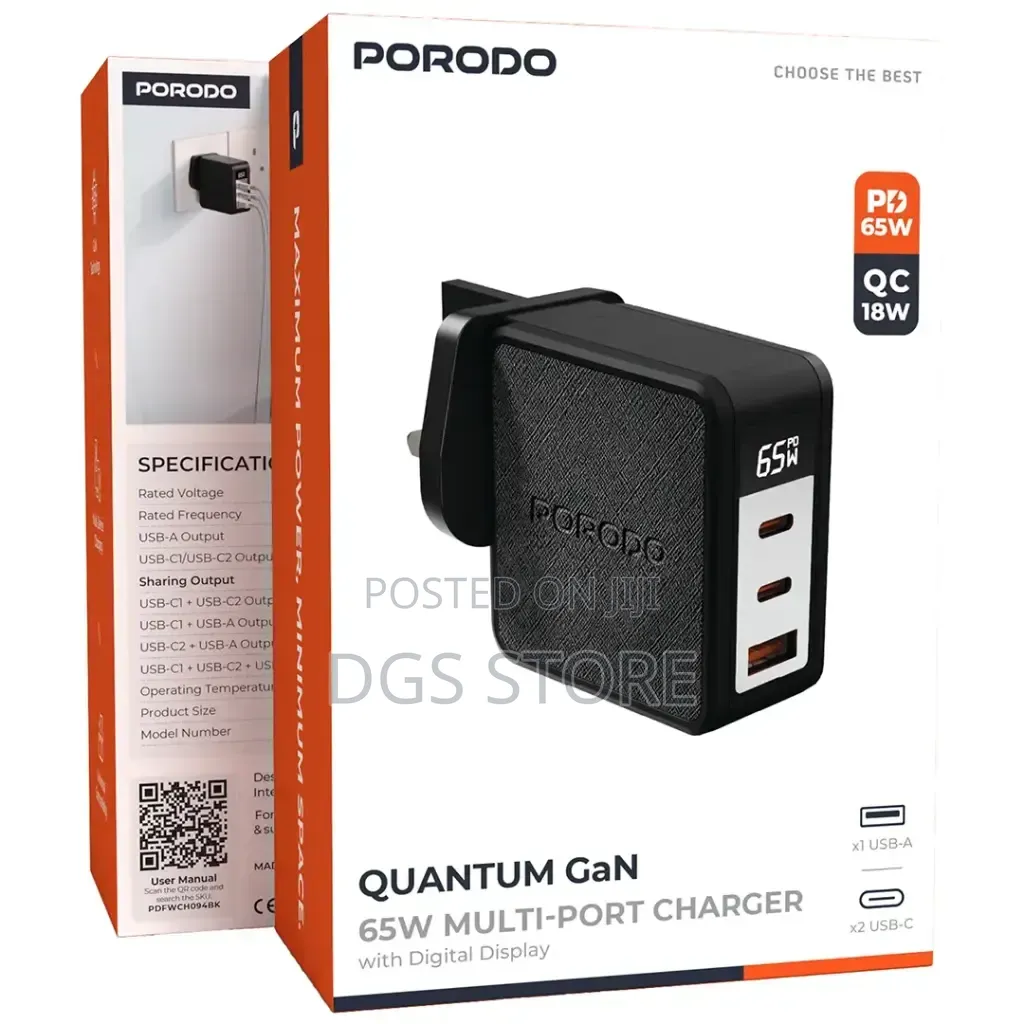 Porodo Quantum GaN 65w Multi Port Charger With Digital Display