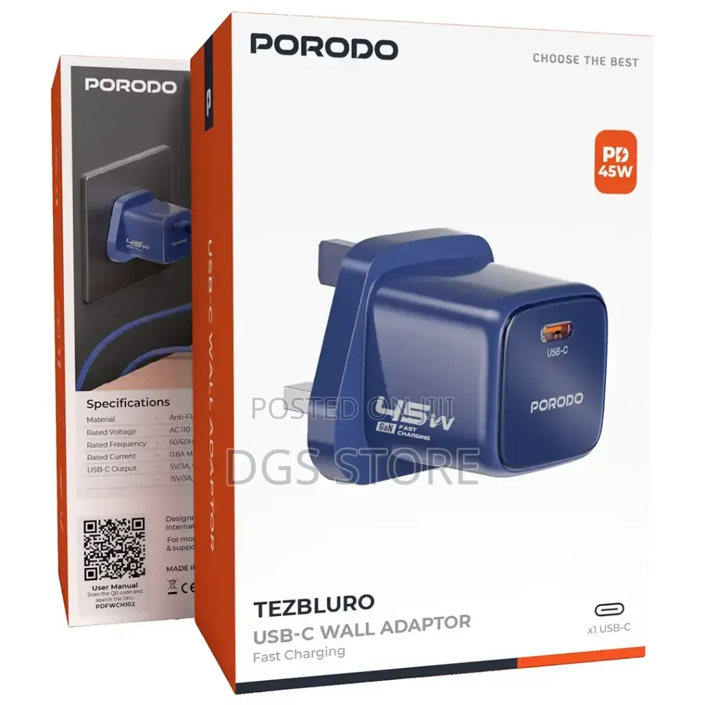 Porodo Tezbluro USB C Wall Adapter 45w Charger