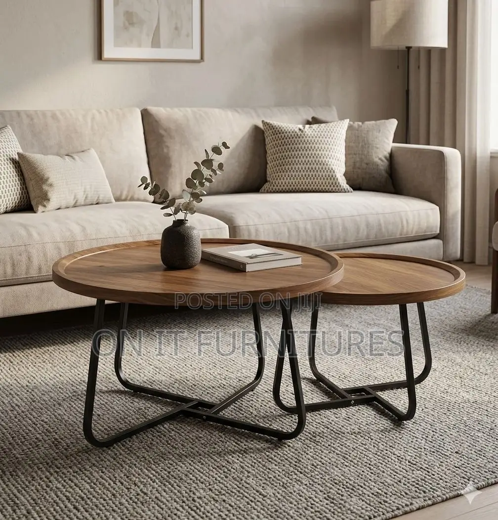 Modern Round Nesting Coffee Table Set – Brown Wood Black Metal