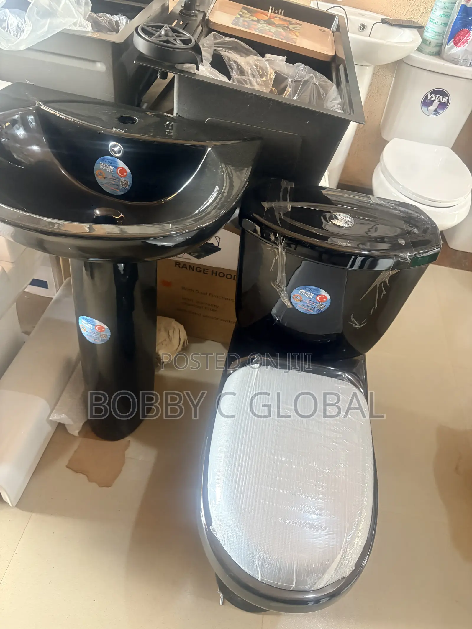 Luxury Black Ceramic WC Pedestal Wash Basin Set