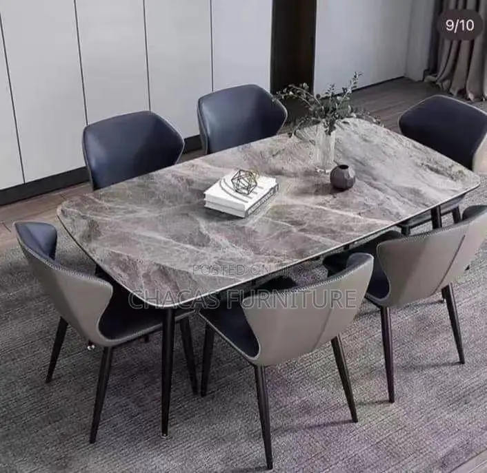 Luxury 6-Seater Marble Top Dining Set With Leatherette Chairs