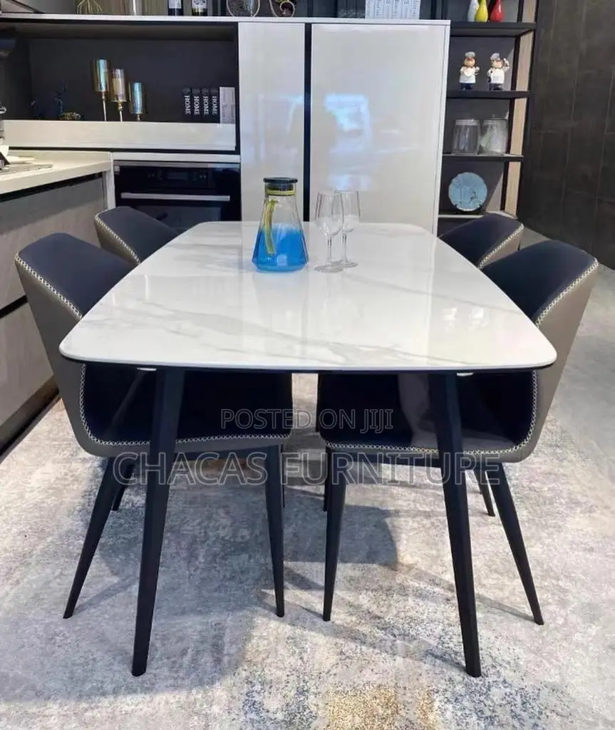 Luxury 6-Seater Marble Top Dining Set With Leatherette Chairs