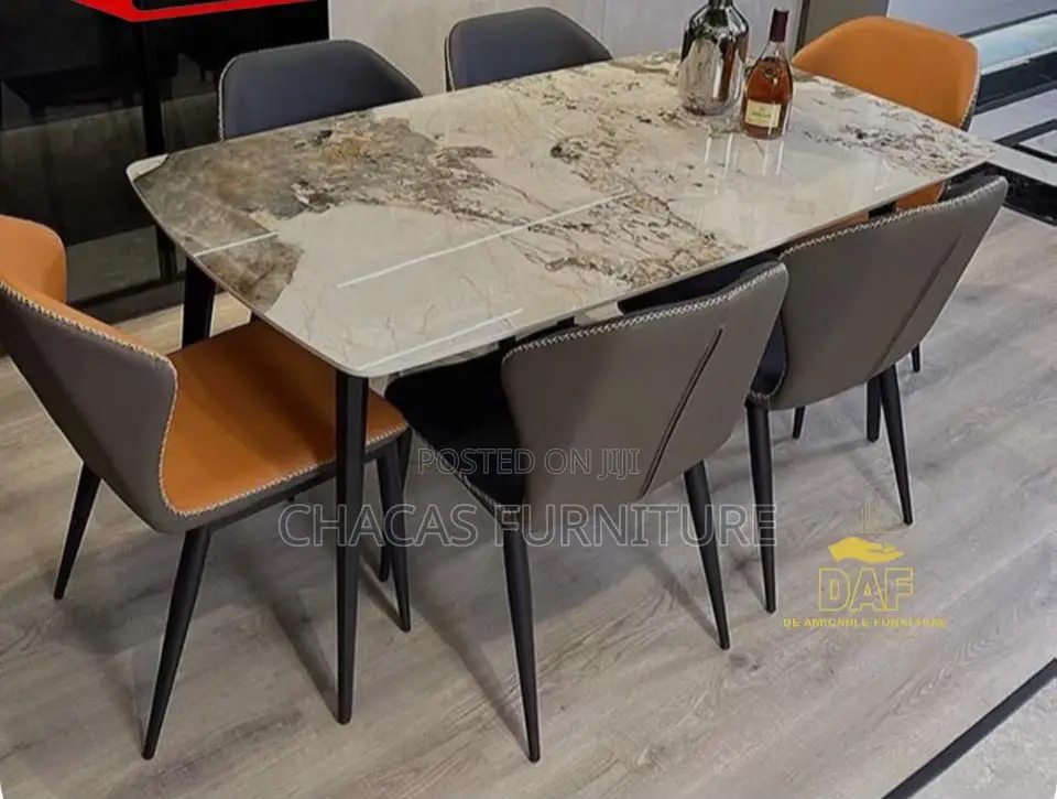 Luxury 6-Seater Marble Top Dining Set With Leatherette Chairs