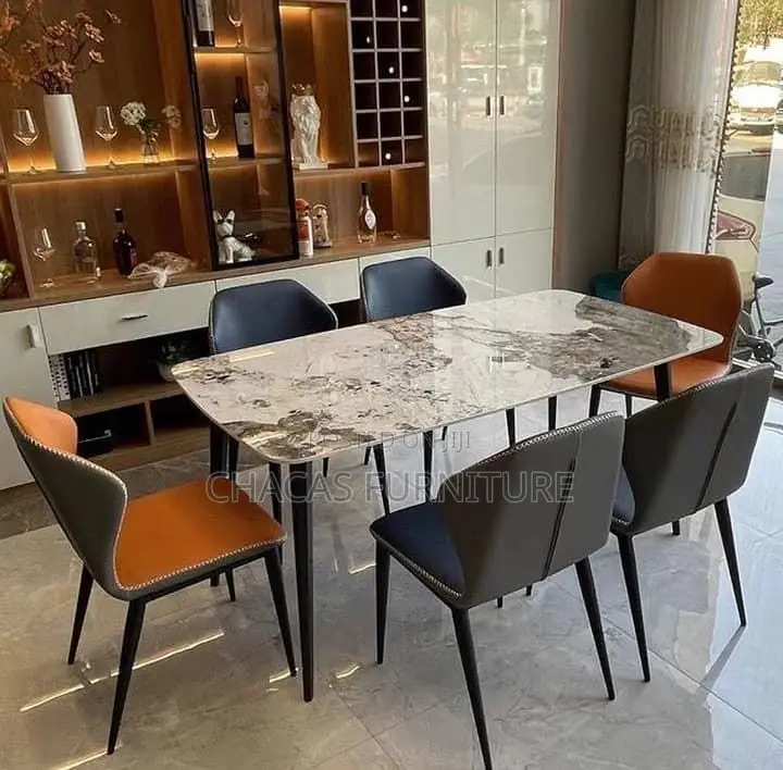 Luxury 6-Seater Marble Top Dining Set With Leatherette Chairs