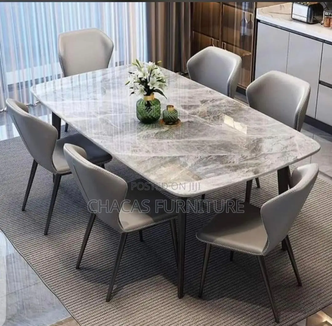 Luxury 6-Seater Marble Top Dining Set With Leatherette Chairs
