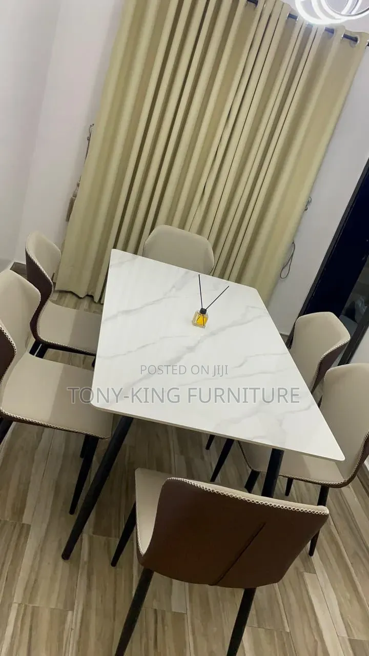 Imported Marble Top Dining Table Set by 6-Seater With Black Metal Leg