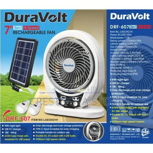 Duravolt 7 Inches DRF 607 Solar Rechargeable Fan