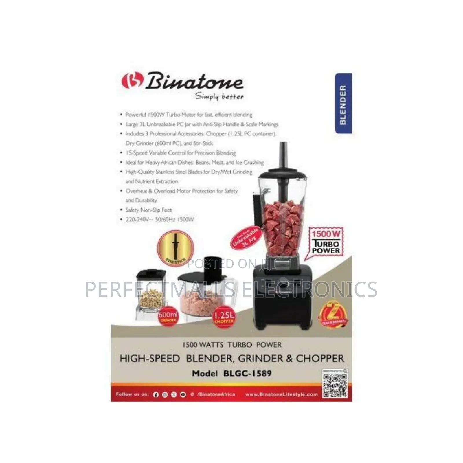 Binatone 1500W High-Speed 3L Blender, Grinder Chopper BLGC-1589