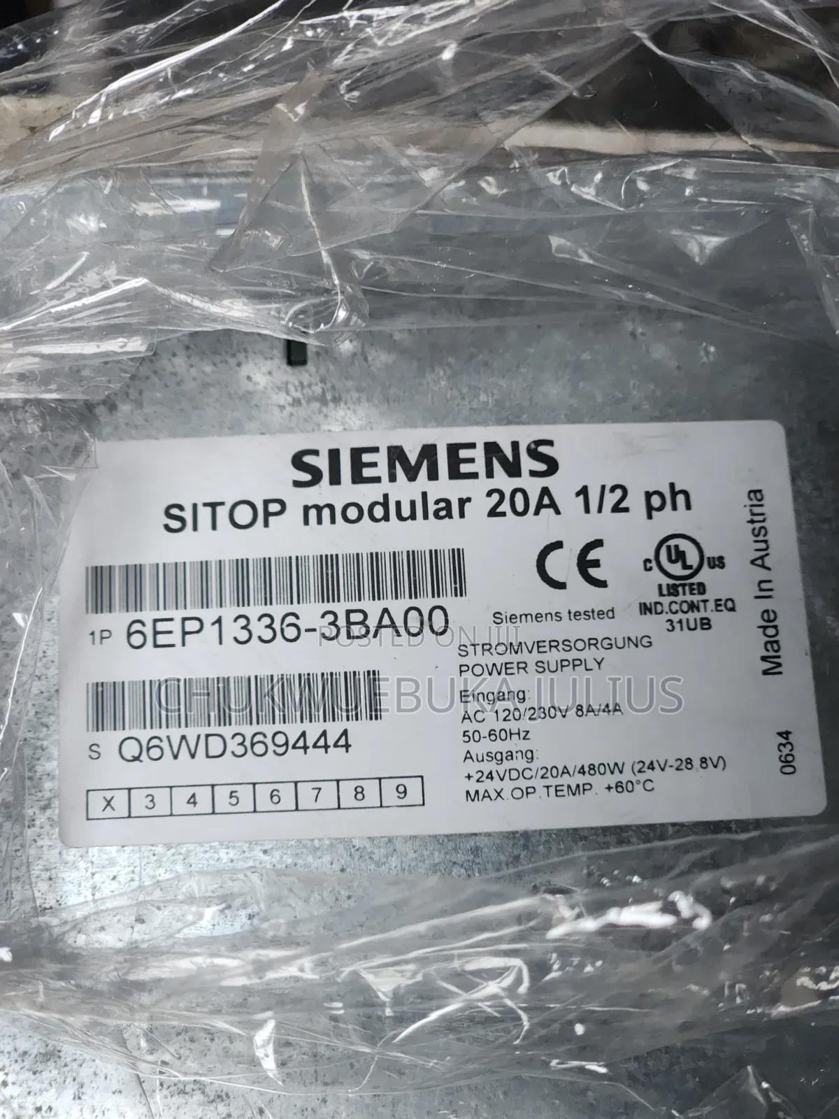 Siemens Sitop 20a Industrial Power Supply – 480w, 24vdc