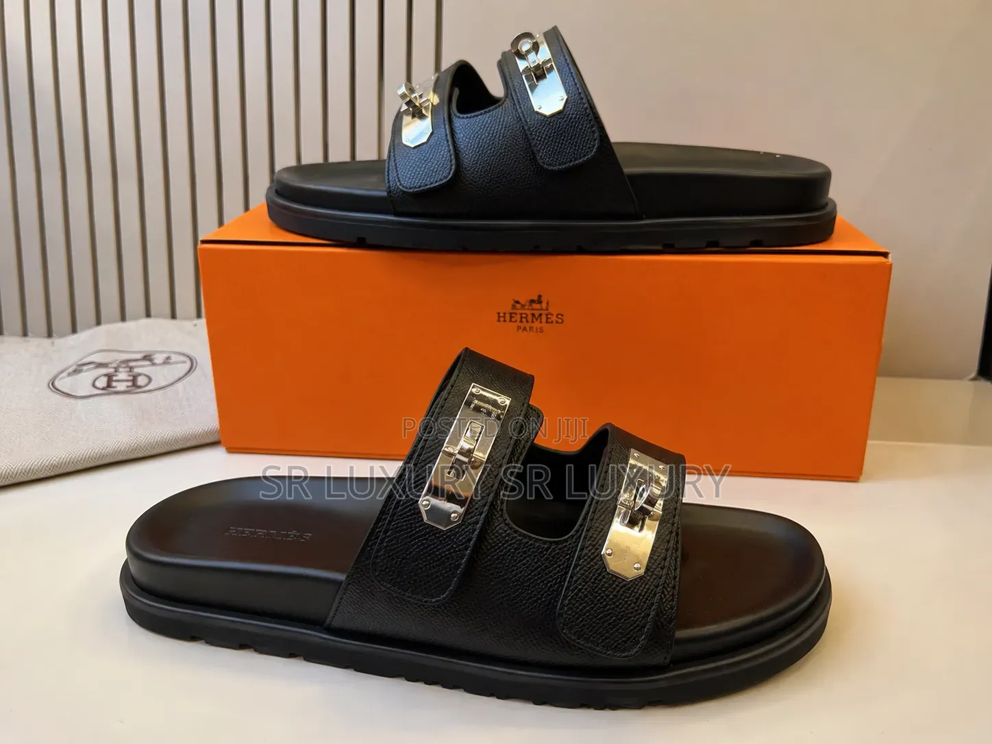 Men’s Premium Black Double-Strap Leather Slides/Sandals