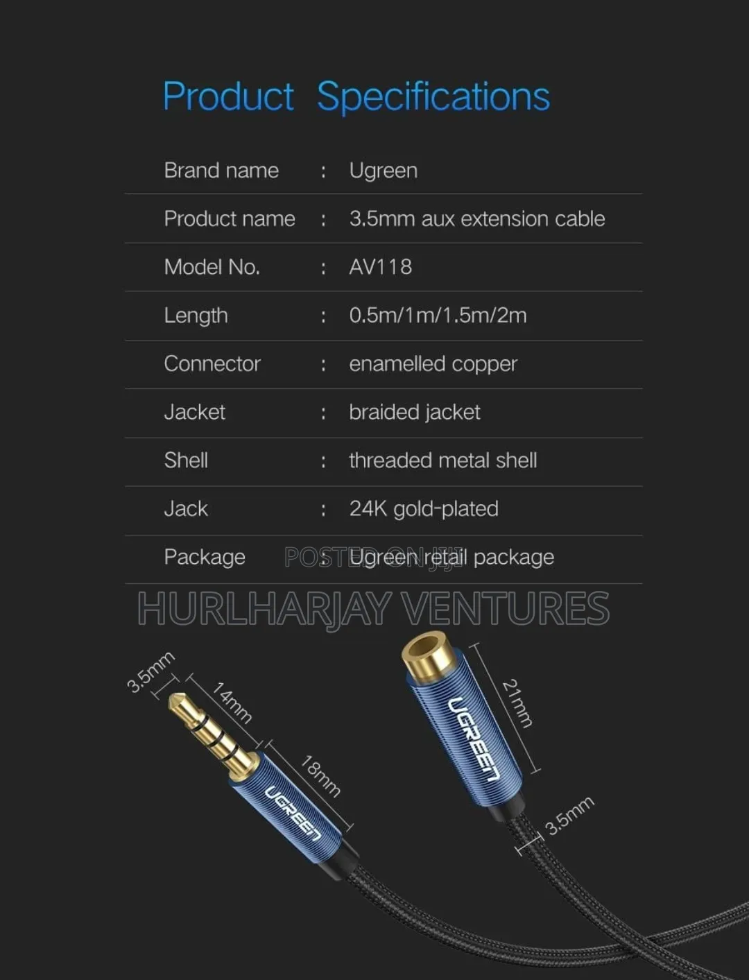 1.5m Ugreen 3.5mm Aux Extension Cable