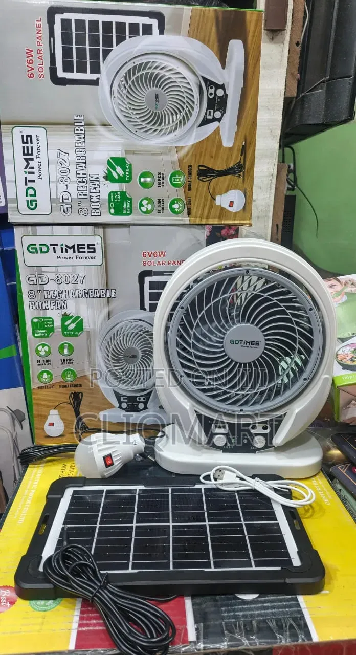 GDTimes 8" Rechargeable Fan With Solar Panel LED Light