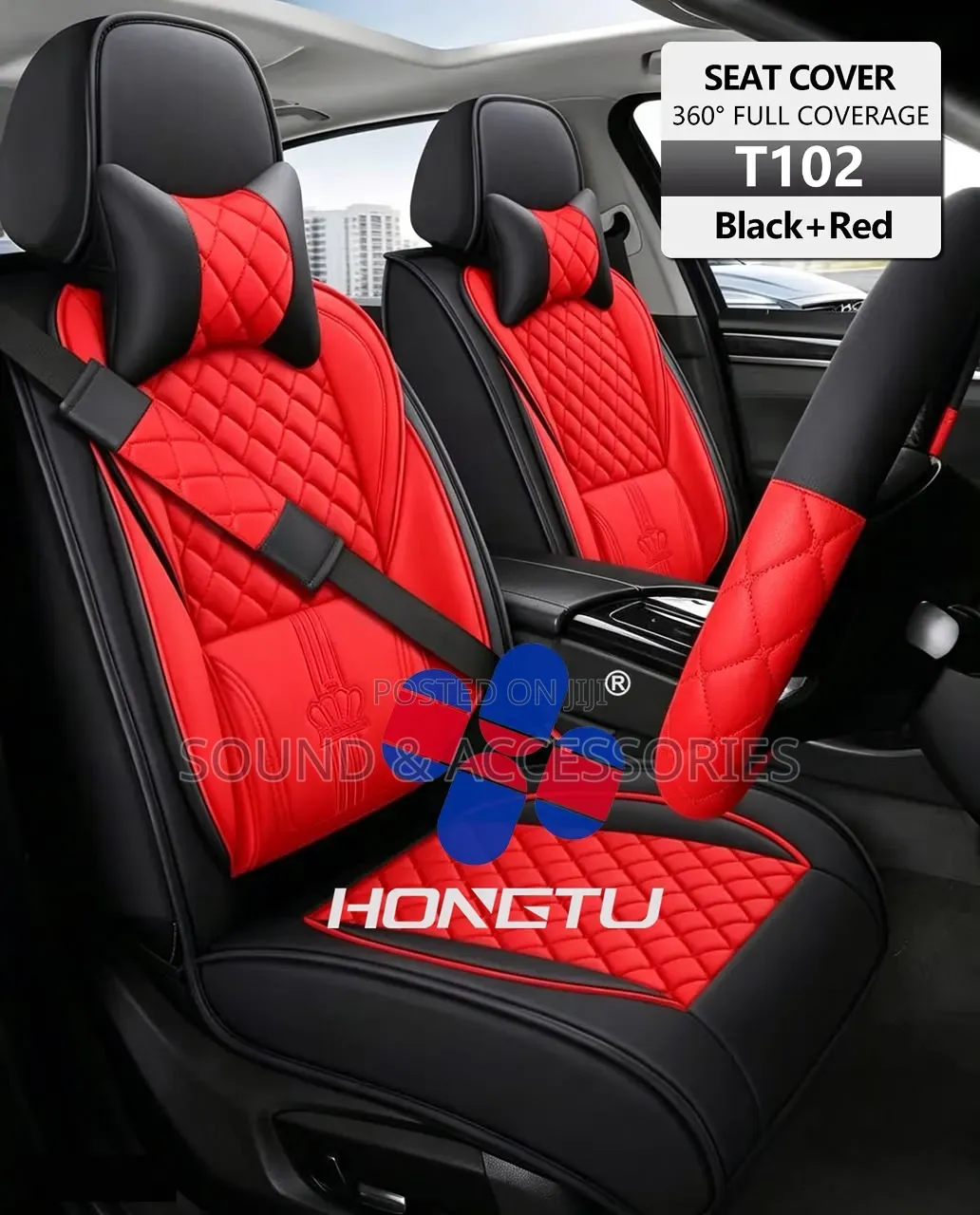 Crown Universal Luxury Leather SeatCover for 5Seat Cars SUV(Black+Red)