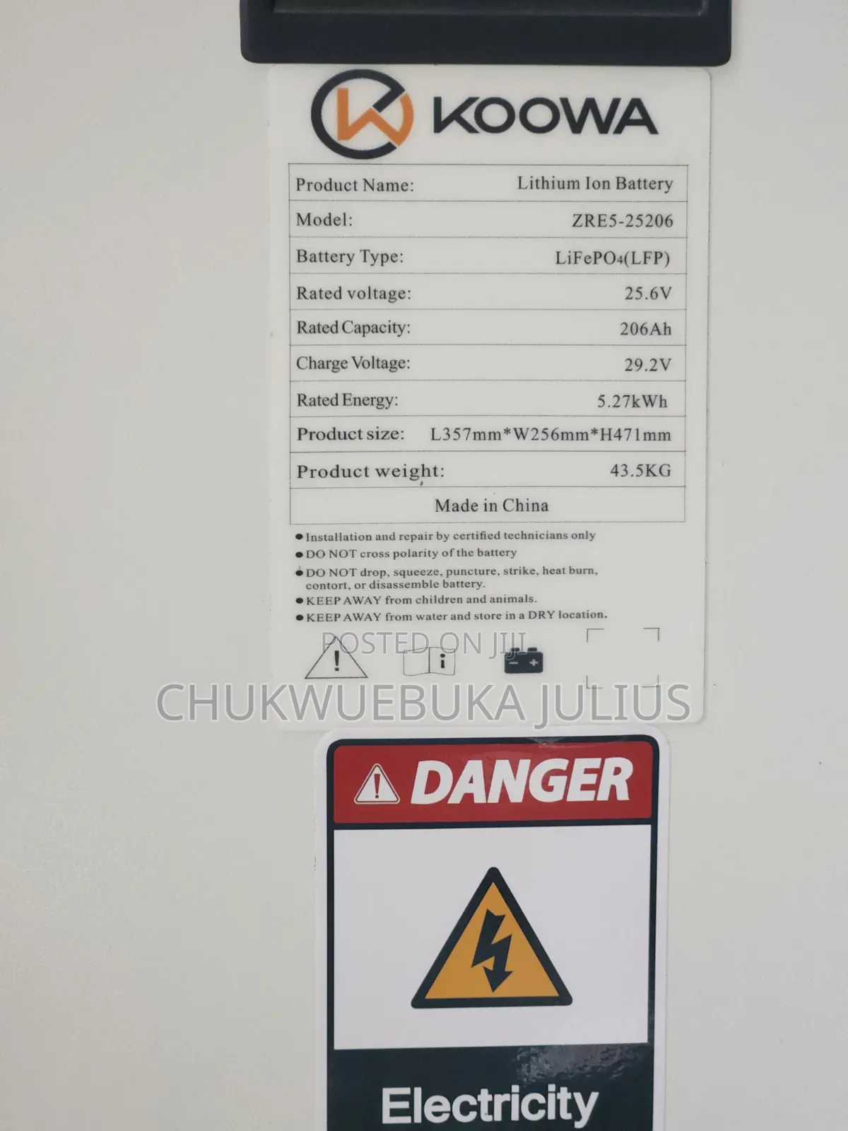KOOWA 5.27kWh 25.6V 206Ah LiFePO4 Lithium-Ion Battery – ZRE5-25206