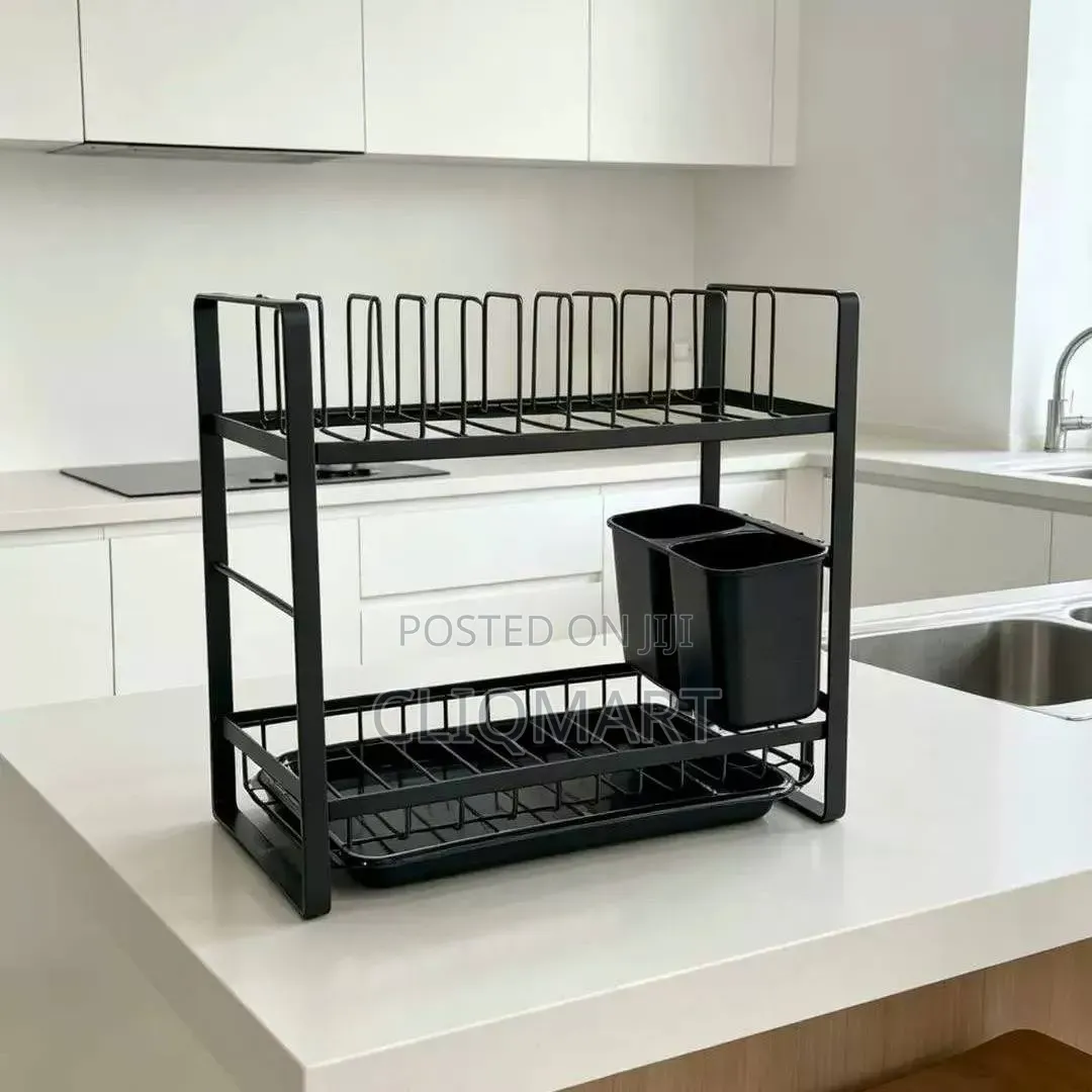 2 Tier Dish Rack With Drainer Tray – Metal Plate Rack Cutlery Holder