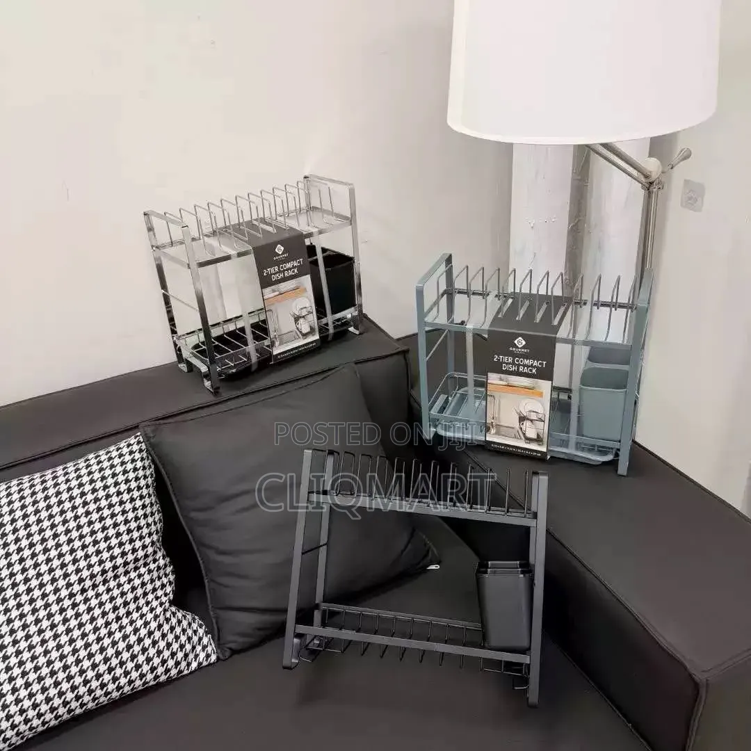 2 Tier Dish Rack With Drainer Tray – Metal Plate Rack Cutlery Holder