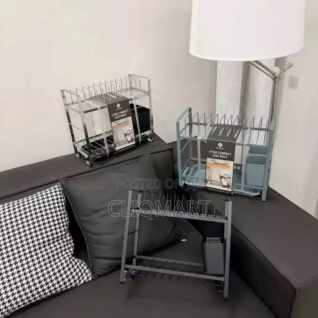 2 Tier Dish Rack With Drainer Tray – Metal Plate Rack Cutlery Holder