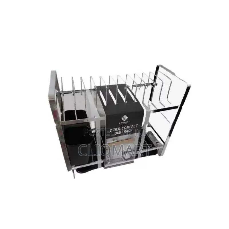 2 Tier Dish Rack With Drainer Tray – Metal Plate Rack Cutlery Holder