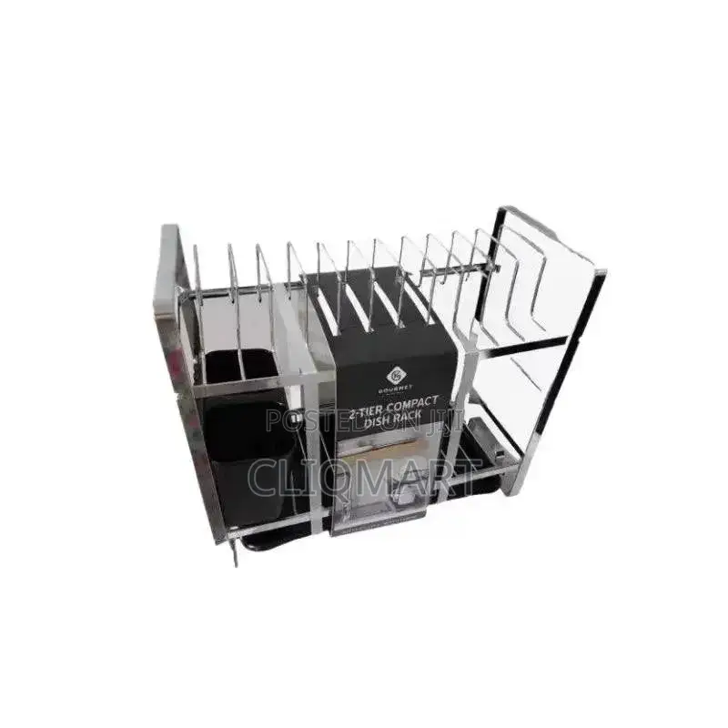 2 Tier Dish Rack With Drainer Tray – Metal Plate Rack Cutlery Holder