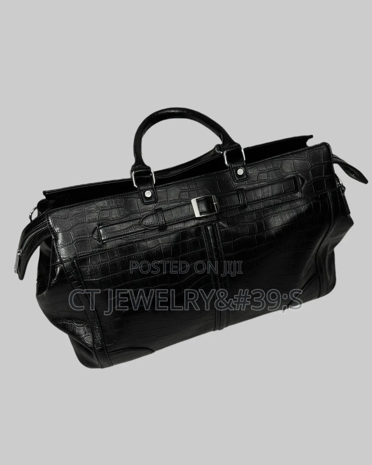 black Faux Leather Duffel Bag Crocodile Pattern With a Silver Buckle