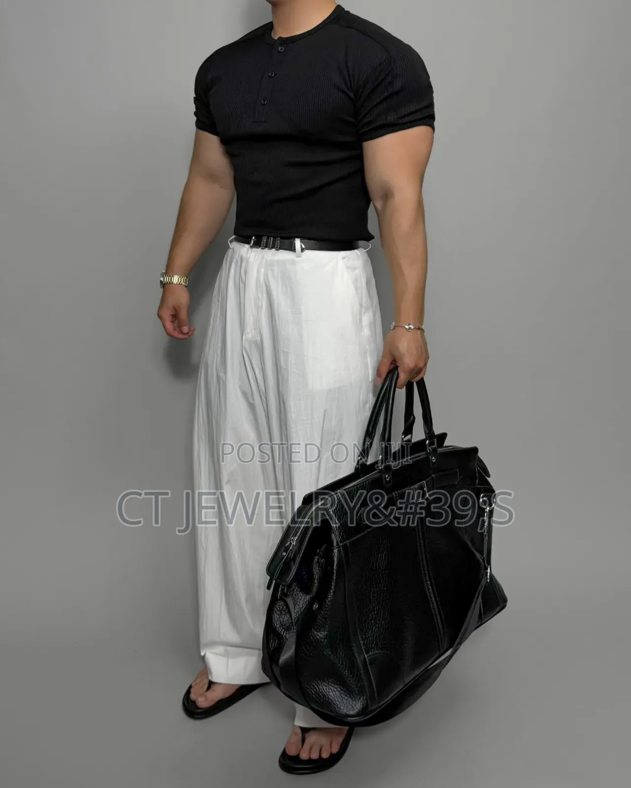 black Faux Leather Duffel Bag Crocodile Pattern With a Silver Buckle