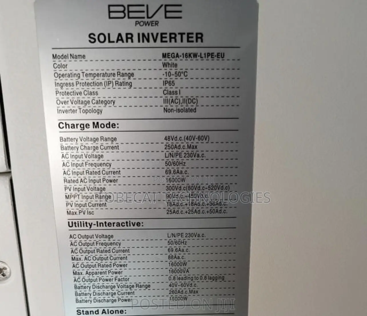 BEVE Power 16kW (16kVA) 48V Hybrid Solar Inverter (IP65 Weatherproof)