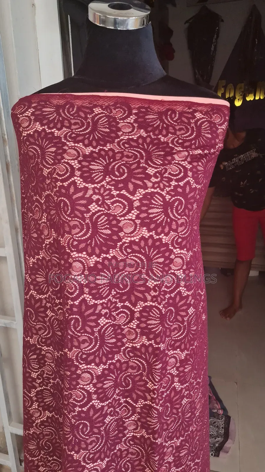 Wine Padded Lace Fabric