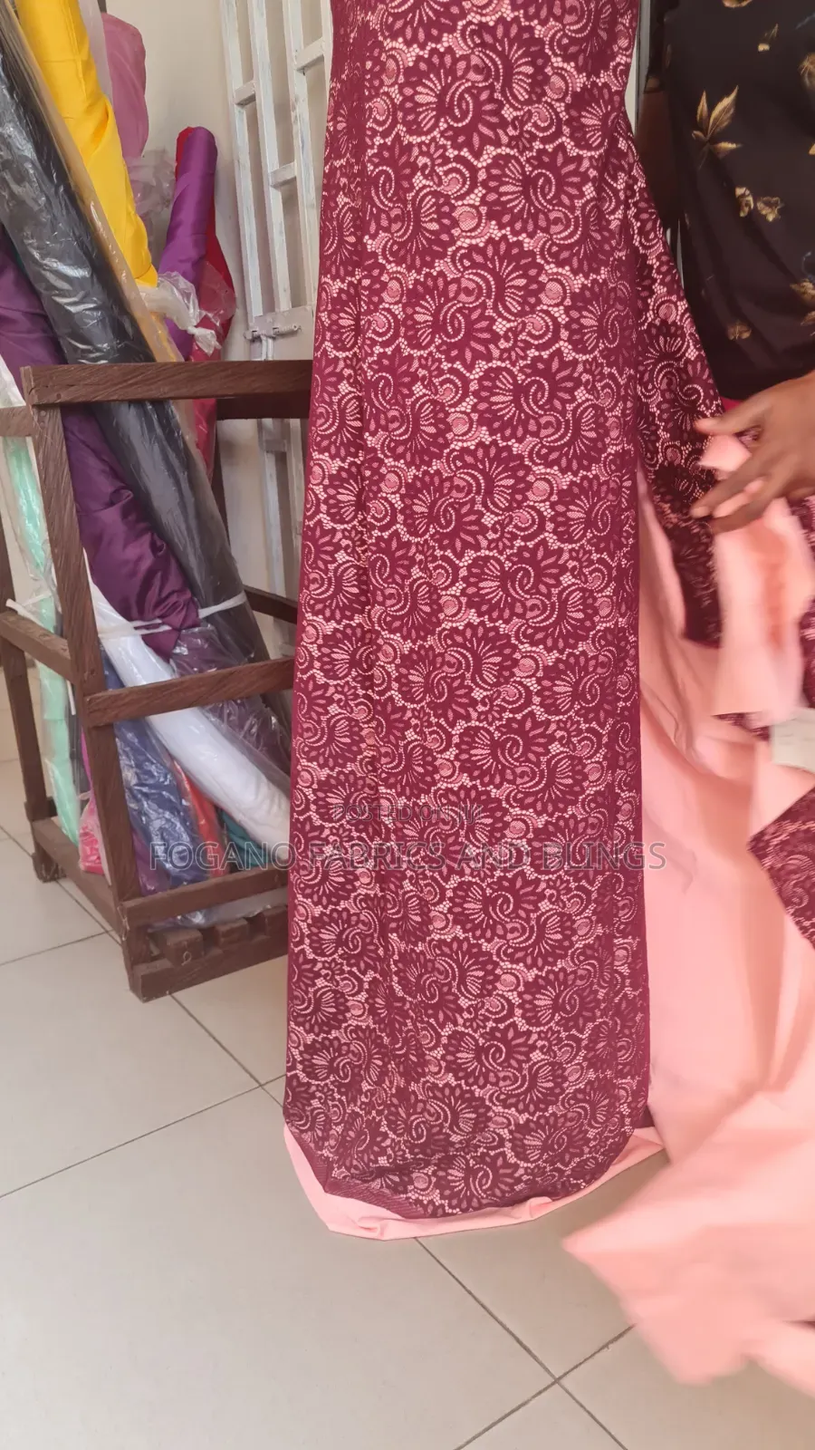 Wine Padded Lace Fabric
