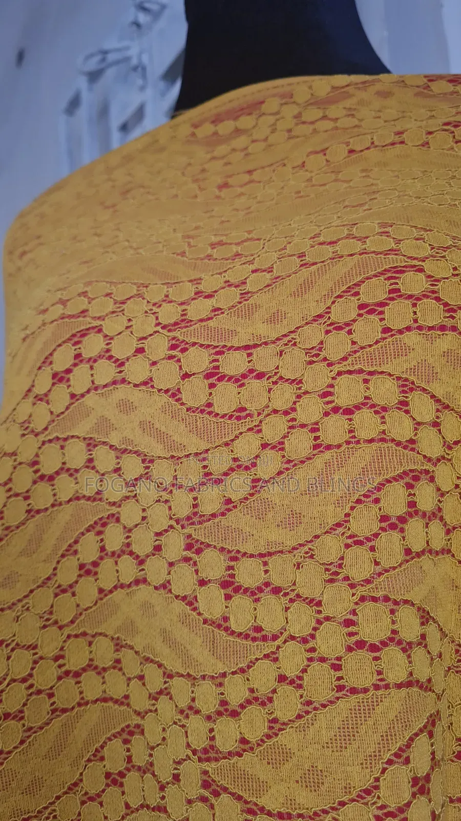 Yellow on Red Padded Lace Fabric
